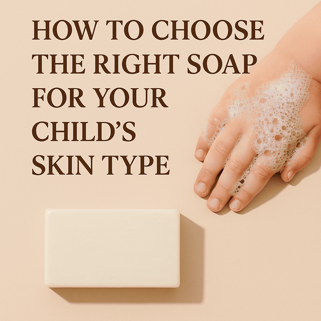 Choose The Right Soap For Your Child S Skin Type Natural kids soap with gentle ingredients like saffron, sandalwood, and lotus oil placed on a soft beige background — representing safe and chemical-free skincare for children in India.